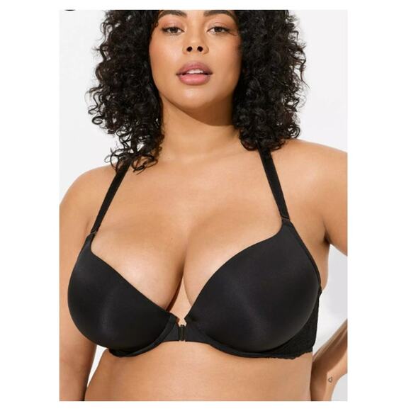 44D Torrid Bra Front Closure XO Push Up Plunge Back Smoothing Underwire Black - Picture 1 of 13